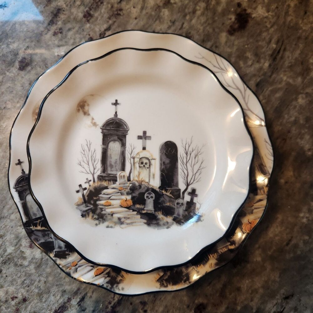 Potter's Studio Halloween Graveyard Scalloped Plates - 2 Dinner & 2 Salad plates - Picture 7 of 8